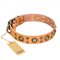 'Sophisticated Glamor' FDT Artisan Tan Leather Dog Collar with Fancy Old-Bronze Plated Decorations