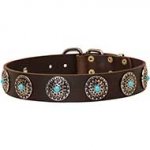 Leather Dog Collar with Blue Stones for Walking and Training