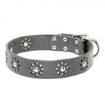 "Flower Blues" Leather Collar for Stylish Dog Walking