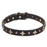 "Milky Way" Leather Dog Collar with Old-like Studs and Stars - 1 inch (25 mm)