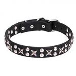 "Planets and Stars" Leather Dog Collar with Chrome Plated Decorations - 1 1/5 inch (30 mm)