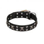 FDT Artisan 'Rock 'n' Roll Style' Leather Dog Collar with Skulls, Bones and Studs 1 1/2 inch (40 mm) wide