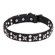 "Planets and Stars" Leather Dog Collar with Chrome Plated Decorations - 1 1/5 inch (30 mm)