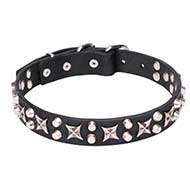 "Shining Stars" Imposing Leather Dog Collar with Firm Hardware - 1 1/5 inch (30 mm) Wide