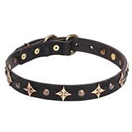 "Milky Way" Leather Dog Collar with Old-like Studs and Stars - 1 inch (25 mm)