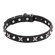 "Blazing Stars" Leather Dog Collar with Silver-color Stars and Pyramids - 4/5 inch (25 mm)