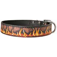Painted in Flames Leather Dog Collar for Walking and Training