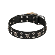 FDT Artisan 'Rock 'n' Roll Style' Leather Dog Collar with Skulls, Bones and Studs 1 1/2 inch (40 mm) wide