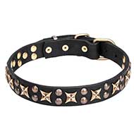 "Vintage Legacy" Leather Dog Collar with Old-like Stars and Studs - 1 1/4 inch (30 mm)