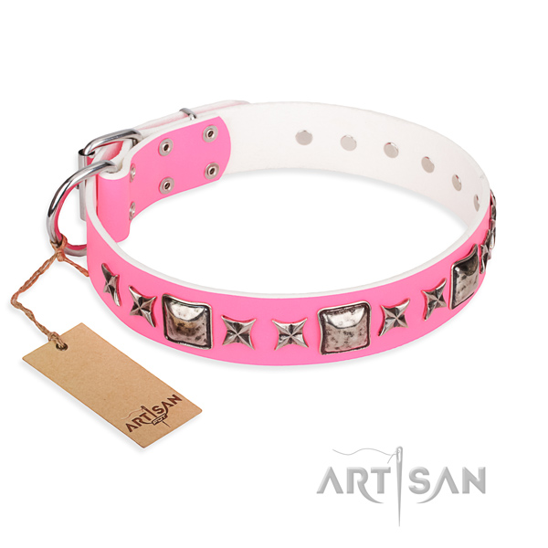 Natural genuine leather dog collar made of quality material with durable D-ring
