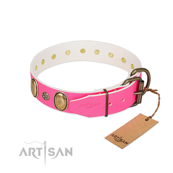 Soft to touch full grain genuine leather dog collar with adornments