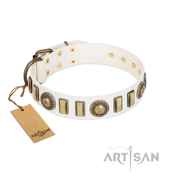 Exceptional genuine leather dog collar with strong D-ring