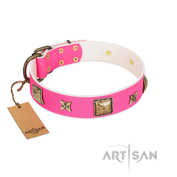 Full grain genuine leather dog collar of gentle to touch material with top notch decorations