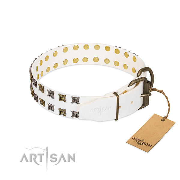 Full grain natural leather collar with top notch decorations for your doggie