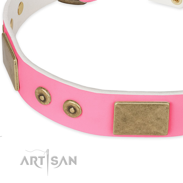 Natural genuine leather dog collar with embellishments for comfortable wearing