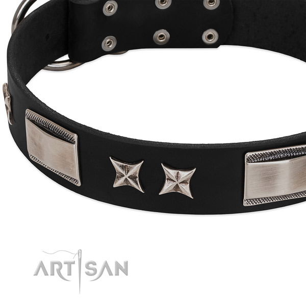 Flexible full grain genuine leather dog collar with corrosion resistant D-ring