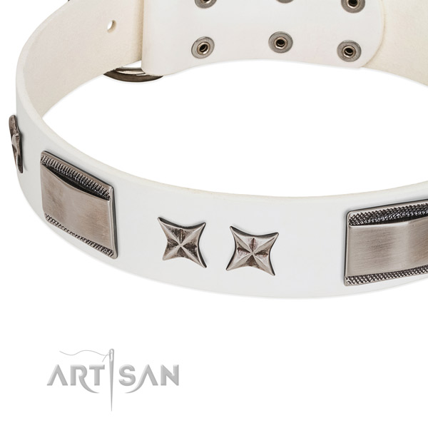 Reliable full grain genuine leather dog collar with rust-proof traditional buckle