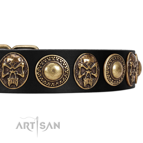 Genuine leather dog collar with decorations for stylish walking