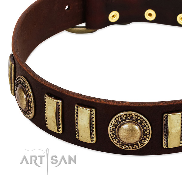 Flexible full grain genuine leather dog collar with rust-proof D-ring