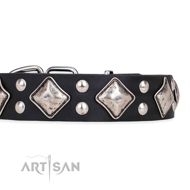 Decorated Black Leather Dog Collar Smart Geometry Decor by Artisan C233