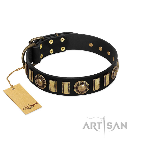 Soft full grain natural leather dog collar with corrosion proof traditional buckle