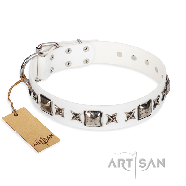 Full grain natural leather dog collar made of soft to touch material with corrosion proof D-ring