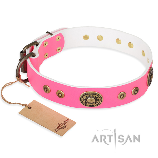 Genuine leather dog collar made of gentle to touch material with reliable D-ring