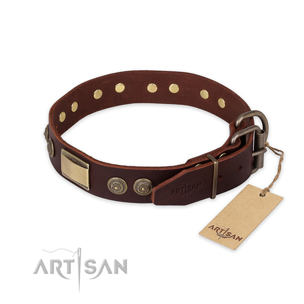 Durable D-ring on full grain leather collar for daily walking your pet