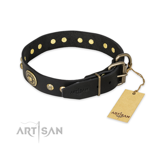Strong D-ring on genuine leather collar for everyday walking your pet