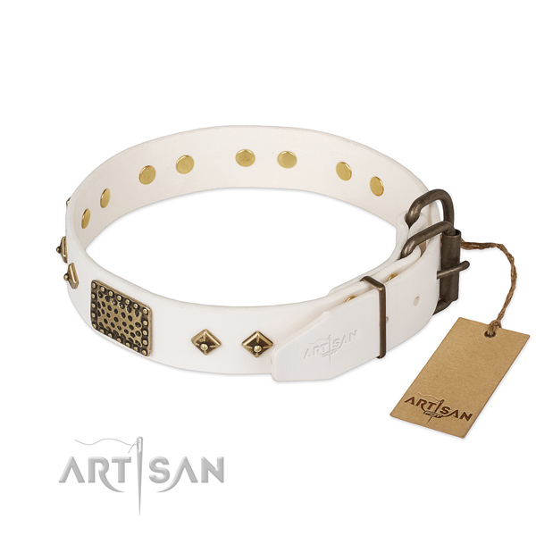 Full grain genuine leather dog collar with reliable buckle and embellishments