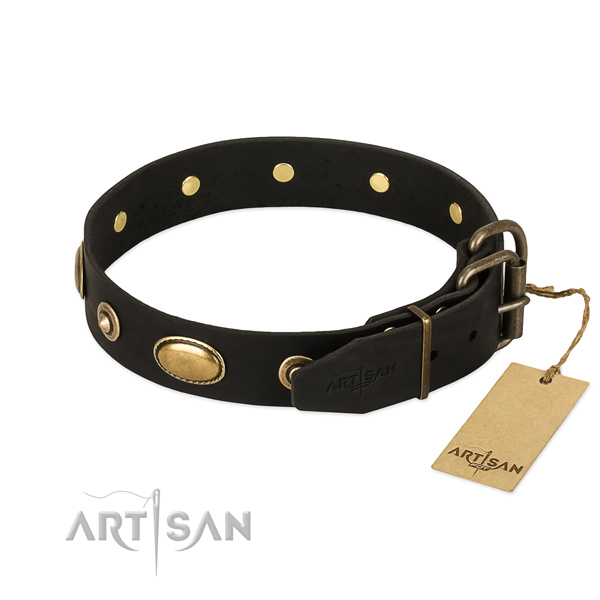 Strong D-ring on leather dog collar for your canine