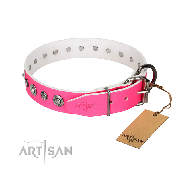 Durable natural leather dog collar with trendy adornments