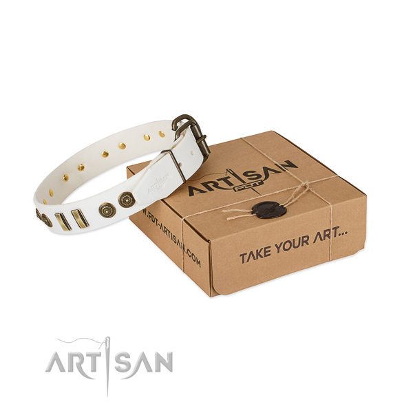Durable D-ring on full grain leather dog collar for your canine