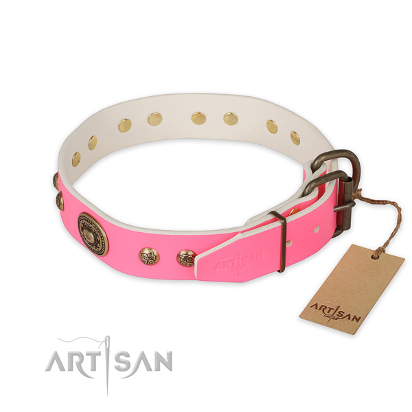 Corrosion proof D-ring on natural genuine leather collar for walking your canine