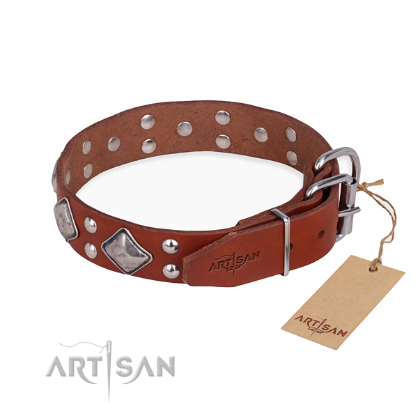 Natural leather dog collar with designer durable decorations