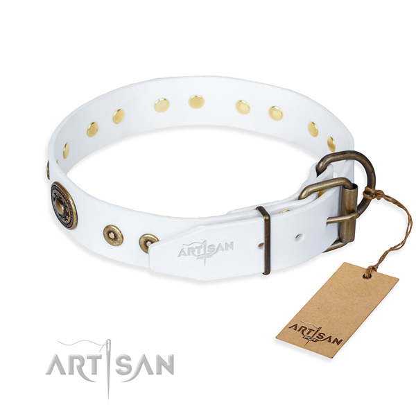 Full grain natural leather dog collar made of soft to touch material with durable decorations