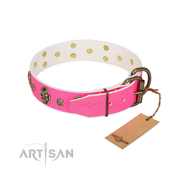 Corrosion resistant D-ring on natural leather collar for daily walking your doggie