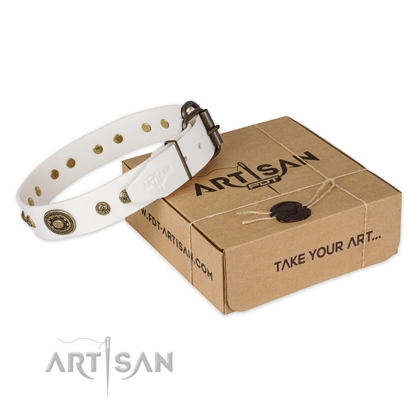 Durable fittings on natural genuine leather dog collar for fancy walking