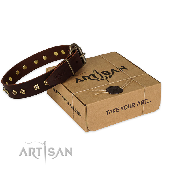 Corrosion resistant buckle on genuine leather dog collar for stylish walking