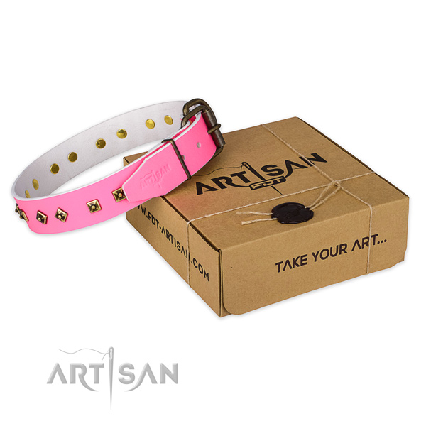Strong fittings on genuine leather dog collar for fancy walking
