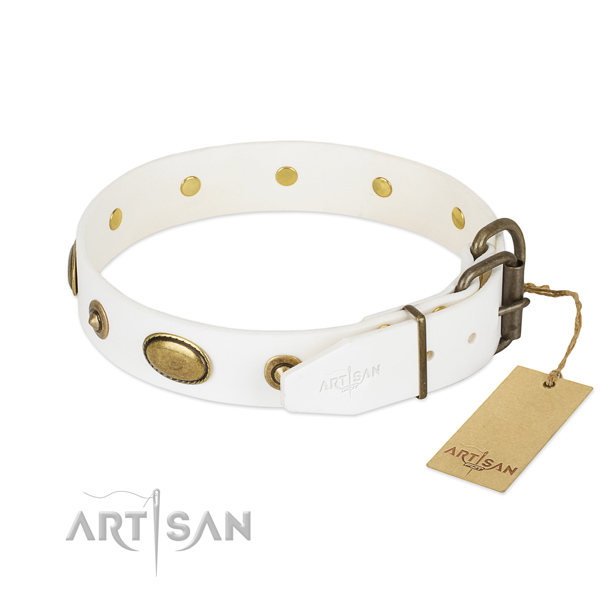 Strong D-ring on genuine leather dog collar for your doggie