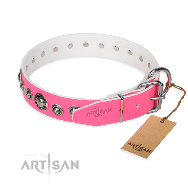 Full grain genuine leather dog collar made of soft to touch material with rust-proof embellishments