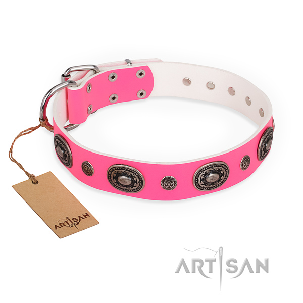 Durable natural genuine leather dog collar handcrafted for walking