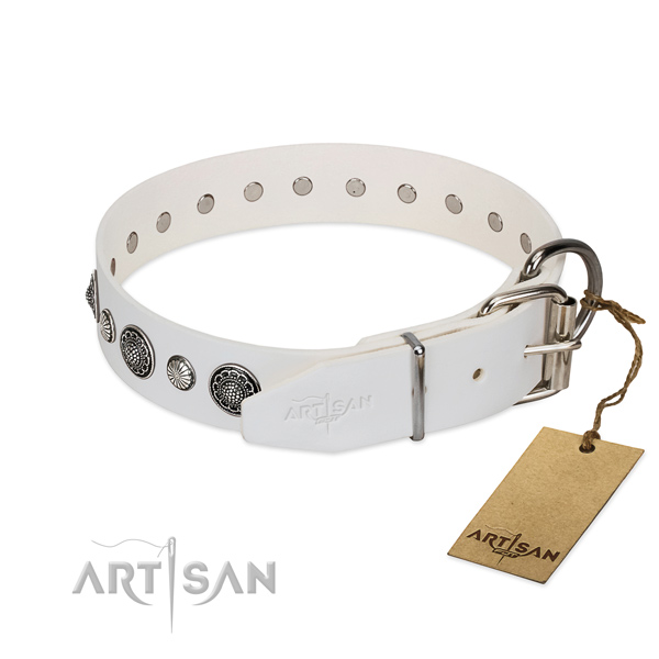 Reliable natural leather dog collar with rust-proof D-ring