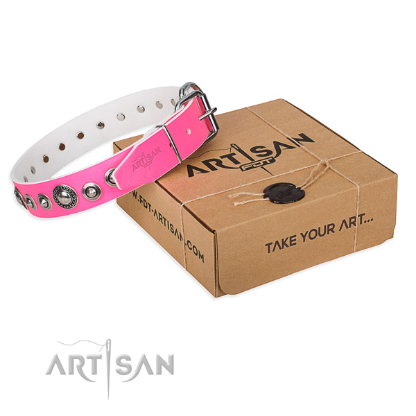 Leather dog collar made of soft material with rust resistant traditional buckle