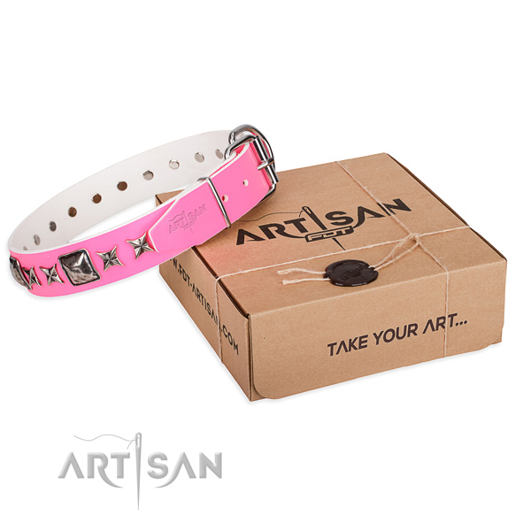 Comfortable wearing full grain leather dog collar with decorations
