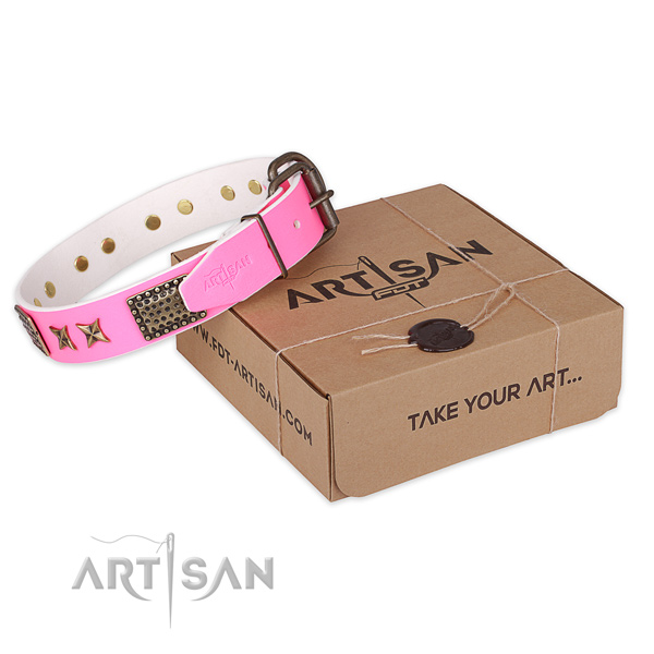 Reliable buckle on natural genuine leather collar for your beautiful dog