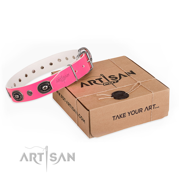 Flexible natural genuine leather dog collar crafted for comfy wearing
