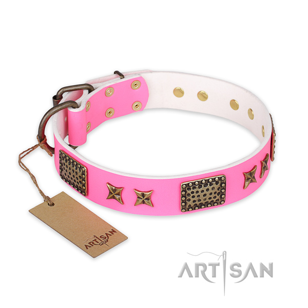 Awesome natural genuine leather dog collar with rust-proof traditional buckle