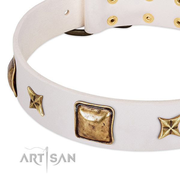 Rust resistant D-ring on full grain natural leather dog collar for your four-legged friend